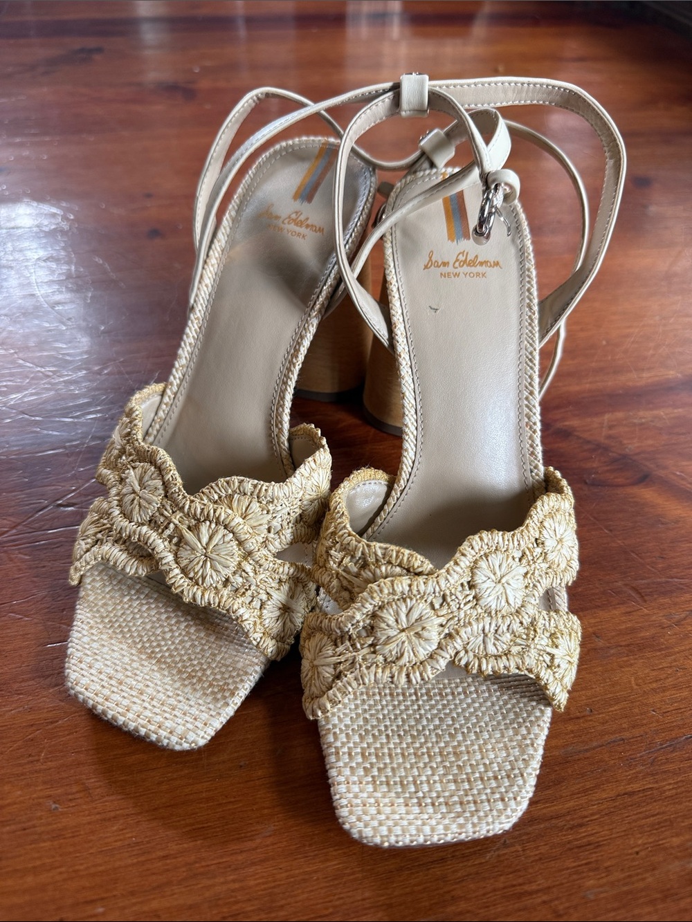 Sam Edelman Natural Crochet Raffia Block Heel Sandals